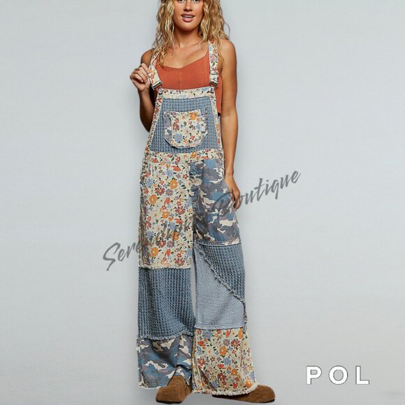 ONLY HERE Cuuute Mixed Fabric Cotton Denim Floral Patch Suspender Strap Jeans - Picture 1 of 11